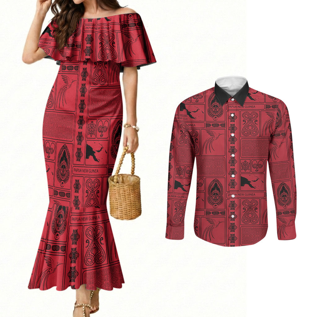 Papua New Guinea Heritage Motif Couples Matching Mermaid Dress and Long Sleeve Button Shirt Red Version LT05 Red - Polynesian Pride