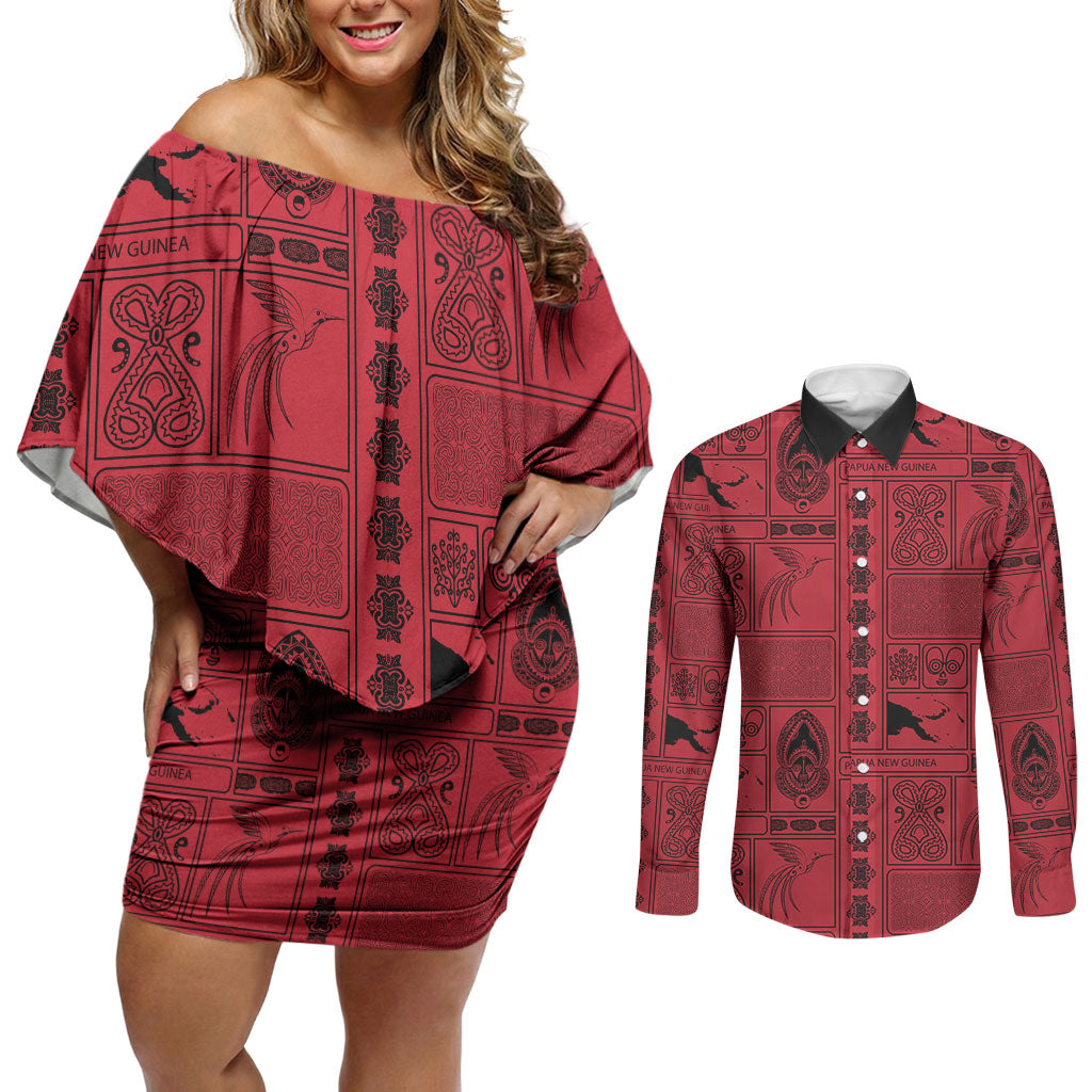 Papua New Guinea Heritage Motif Couples Matching Off Shoulder Short Dress and Long Sleeve Button Shirt Red Version LT05 Red - Polynesian Pride