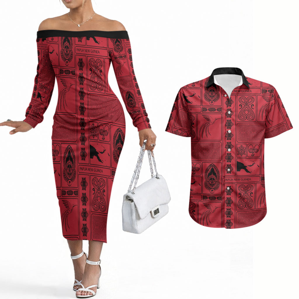 Papua New Guinea Heritage Motif Couples Matching Off The Shoulder Long Sleeve Dress and Hawaiian Shirt Red Version LT05 Red - Polynesian Pride
