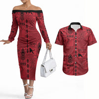 Papua New Guinea Heritage Motif Couples Matching Off The Shoulder Long Sleeve Dress and Hawaiian Shirt Red Version LT05 Red - Polynesian Pride
