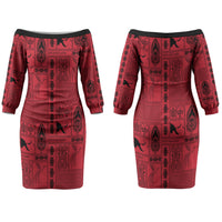 Papua New Guinea Heritage Motif Couples Matching Off The Shoulder Long Sleeve Dress and Hawaiian Shirt Red Version LT05 - Polynesian Pride