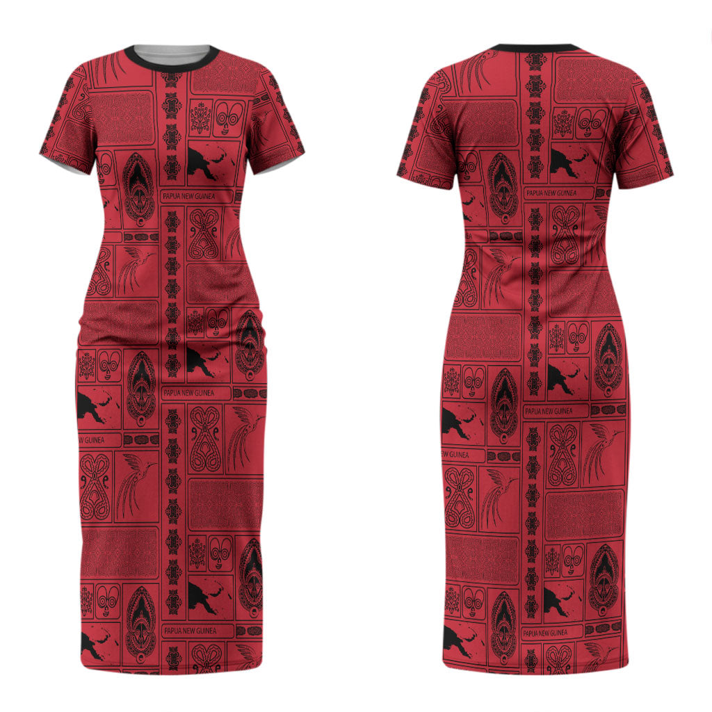 Papua New Guinea Heritage Motif Couples Matching Short Sleeve Bodycon Dress and Hawaiian Shirt Red Version LT05 - Polynesian Pride