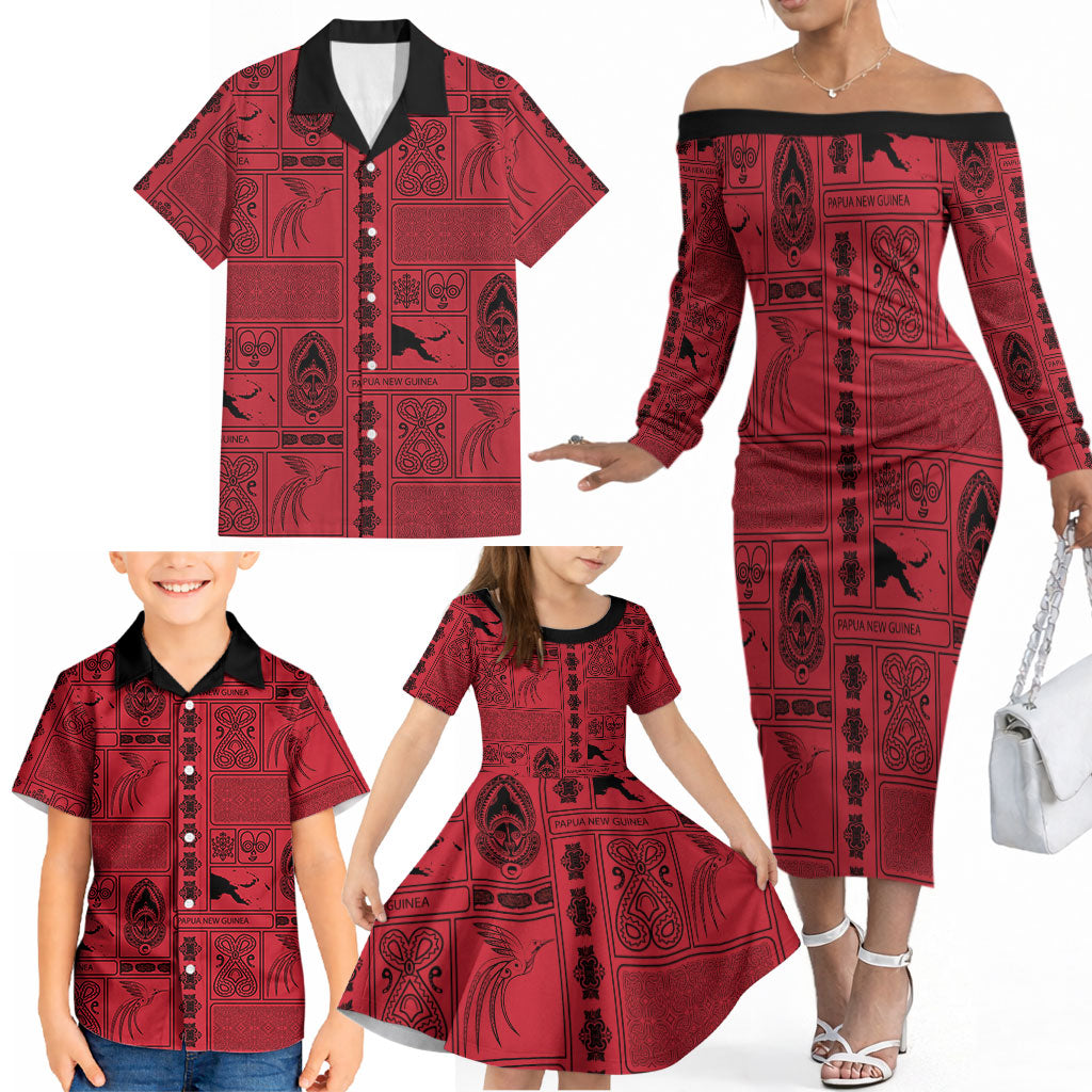 Papua New Guinea Heritage Motif Family Matching Off The Shoulder Long Sleeve Dress and Hawaiian Shirt Red Version LT05 - Polynesian Pride