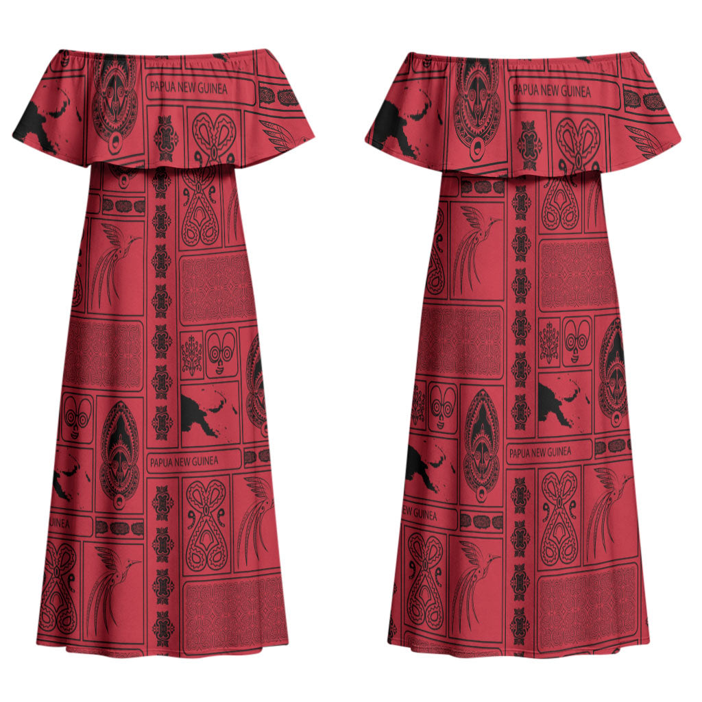 Papua New Guinea Heritage Motif Family Matching Off Shoulder Maxi Dress and Hawaiian Shirt Red Version LT05 Mom's Dress Red - Polynesian Pride