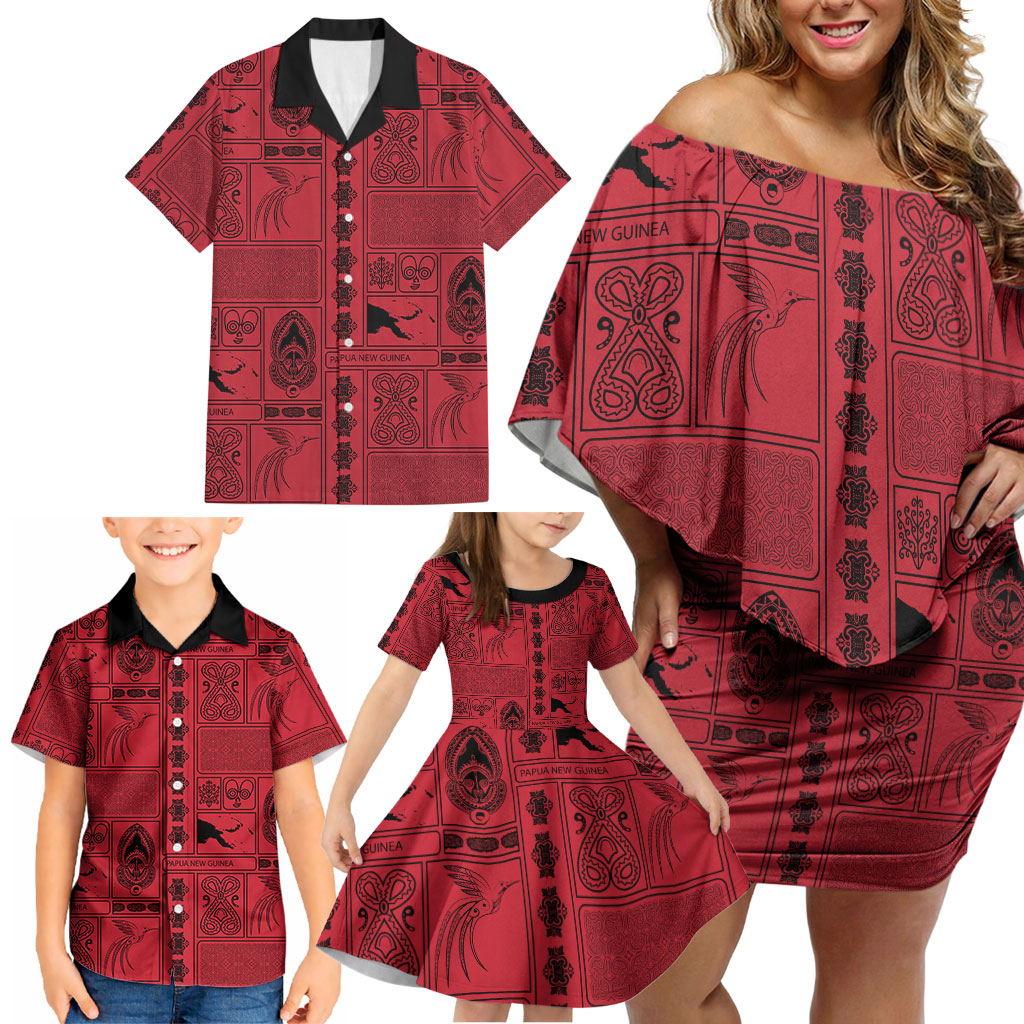 Papua New Guinea Heritage Motif Family Matching Off Shoulder Short Dress and Hawaiian Shirt Red Version LT05 - Polynesian Pride