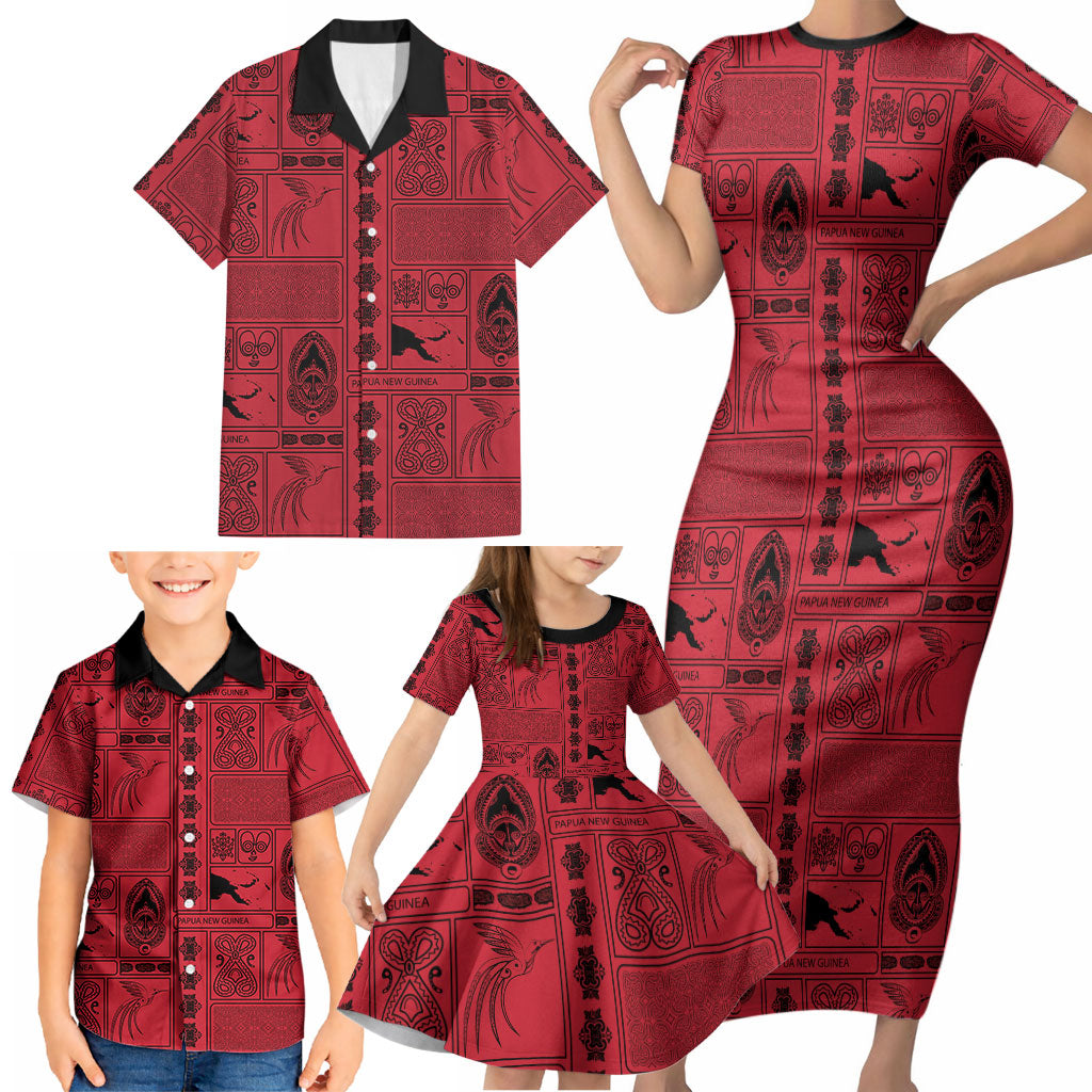 Papua New Guinea Heritage Motif Family Matching Short Sleeve Bodycon Dress and Hawaiian Shirt Red Version LT05 - Polynesian Pride