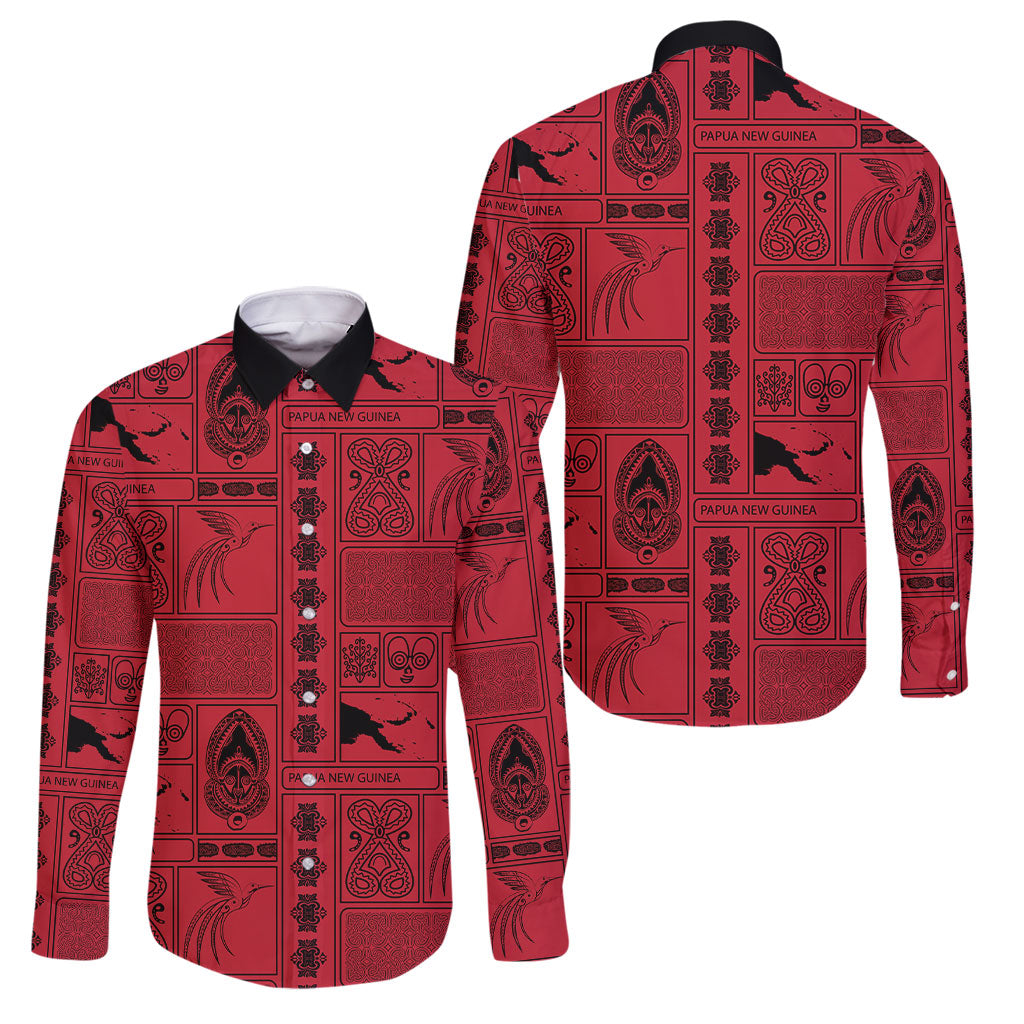 Papua New Guinea Heritage Motif Family Matching Tank Maxi Dress and Hawaiian Shirt Red Version LT05 Dad's Shirt - Long Sleeve Red - Polynesian Pride