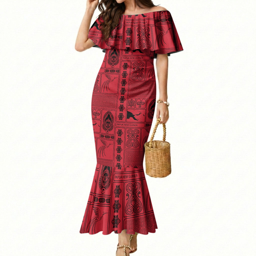 Papua New Guinea Heritage Motif Mermaid Dress Red Version