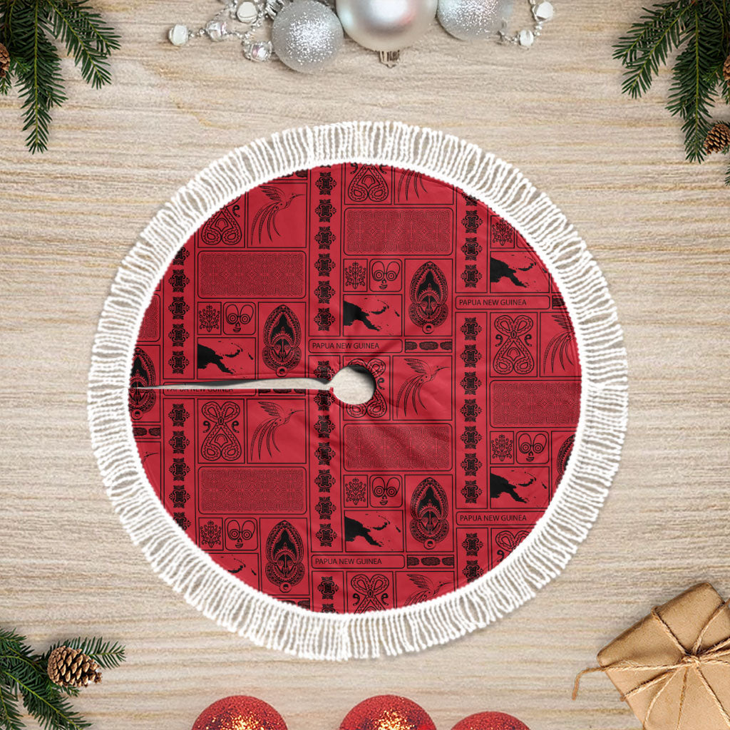 Papua New Guinea Heritage Motif Tree Skirt Red Version LT05 Fringed Red - Polynesian Pride