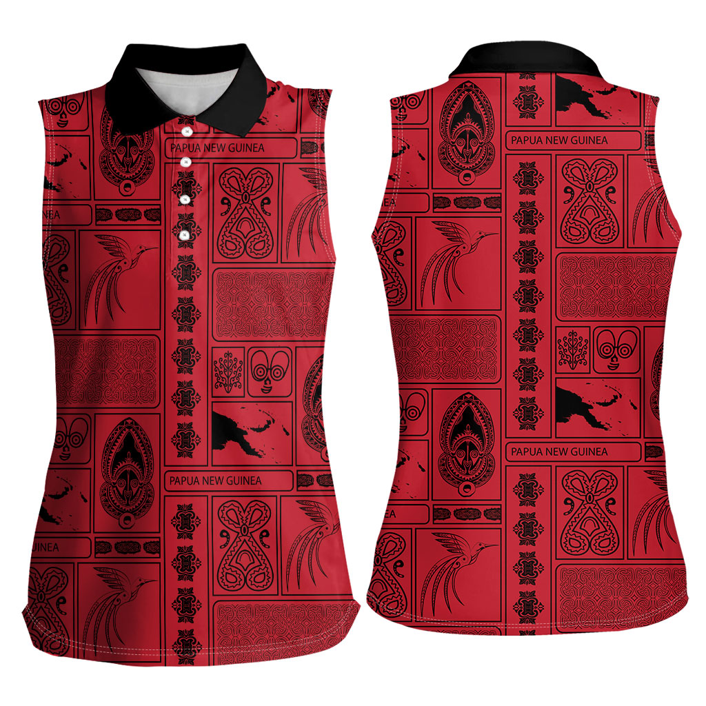 Papua New Guinea Heritage Motif Women Sleeveless Polo Shirt Red Version LT05 - Polynesian Pride