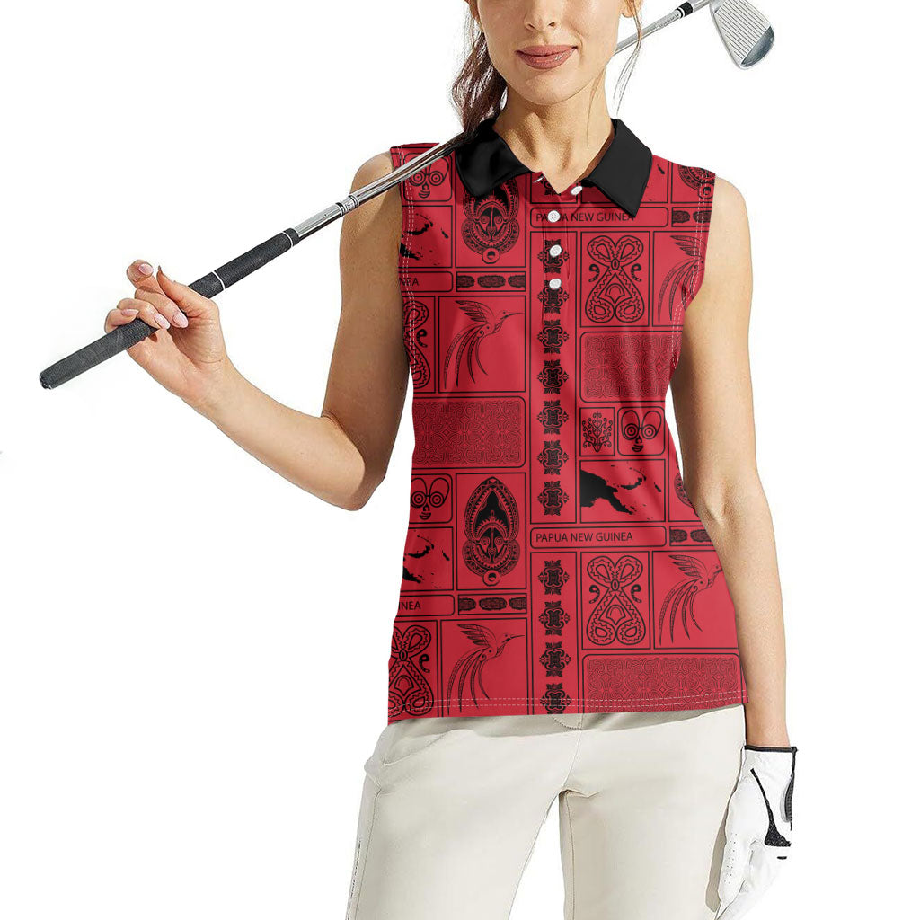 Papua New Guinea Heritage Motif Women Sleeveless Polo Shirt Red Version LT05 - Polynesian Pride