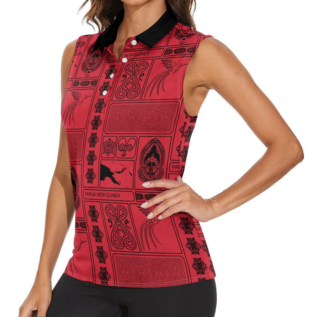 Papua New Guinea Heritage Motif Women Sleeveless Polo Shirt Red Version LT05 - Polynesian Pride
