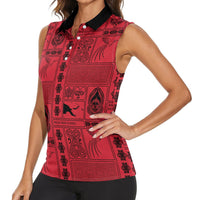 Papua New Guinea Heritage Motif Women Sleeveless Polo Shirt Red Version LT05 - Polynesian Pride