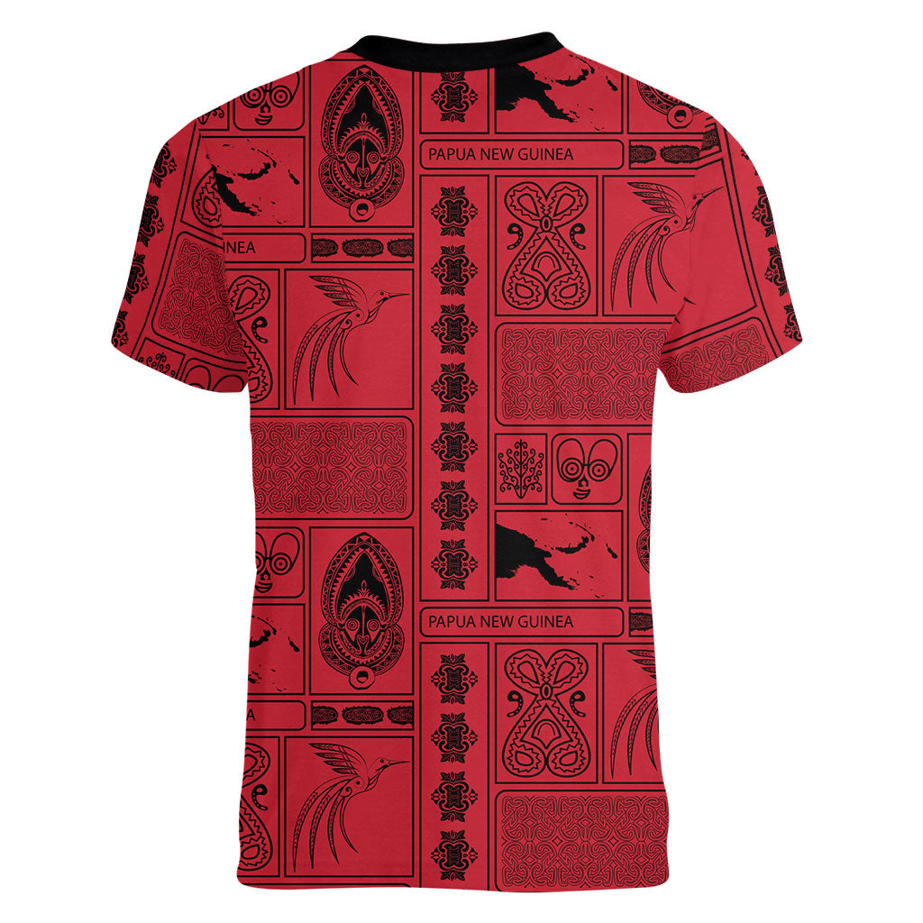 Papua New Guinea Heritage Motif Women V-Neck T-Shirt Red Version LT05 - Polynesian Pride