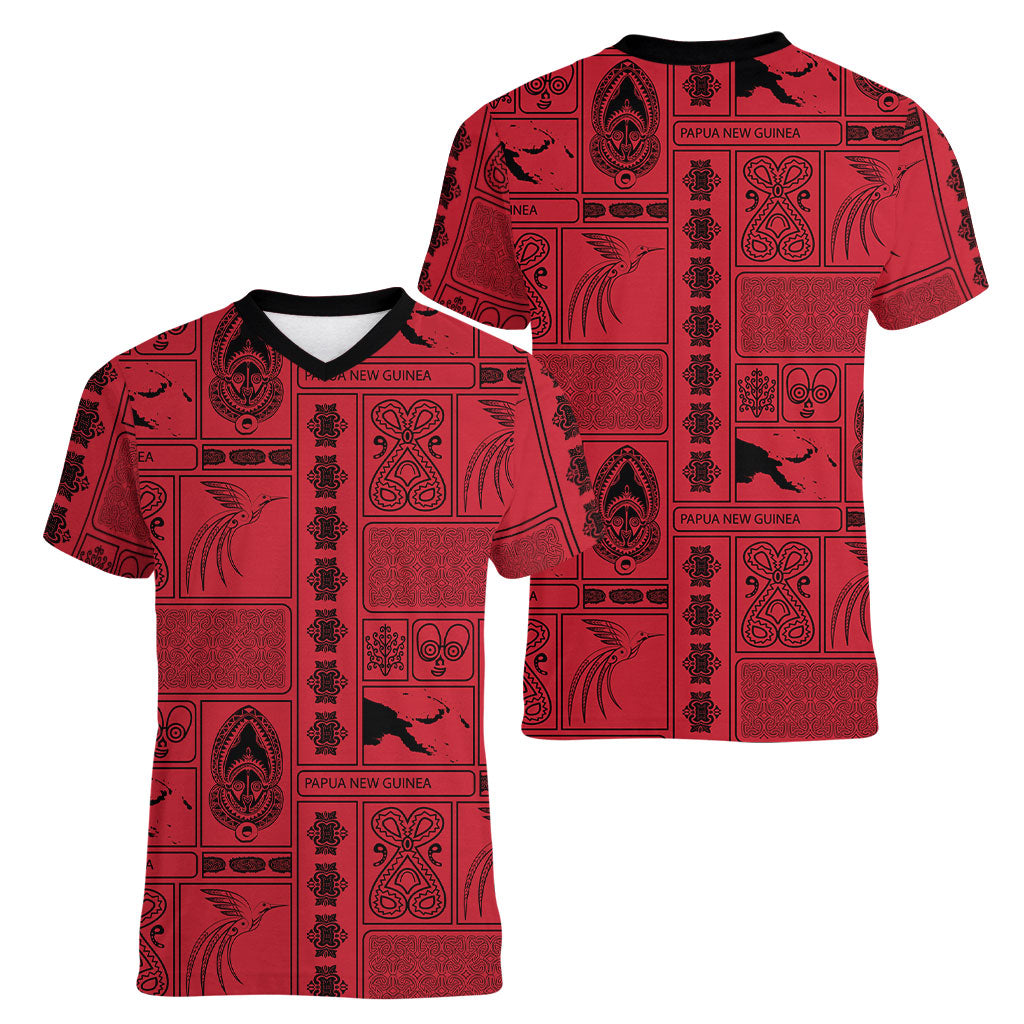 Papua New Guinea Heritage Motif Women V-Neck T-Shirt Red Version LT05 - Polynesian Pride