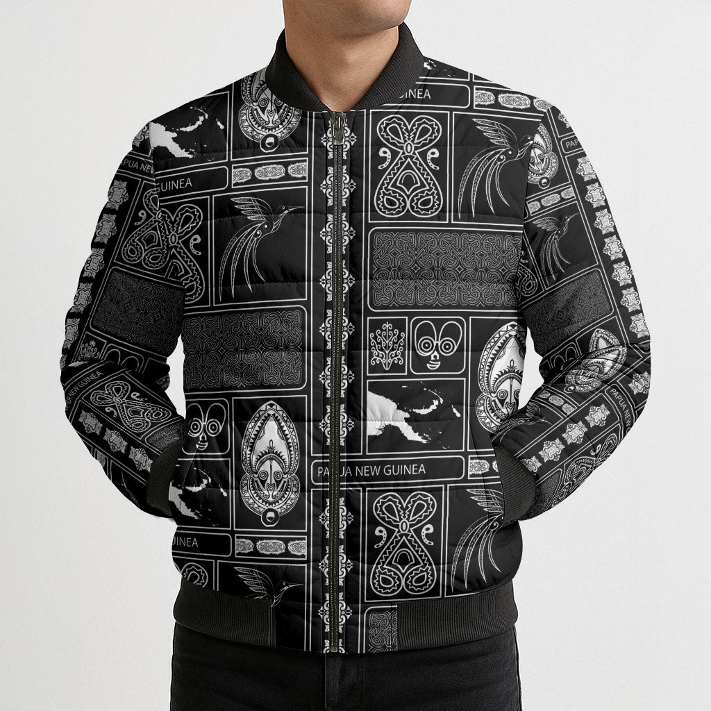 Papua New Guinea Heritage Motif Bomber Puffer Jacket Black Version LT05 - Polynesian Pride