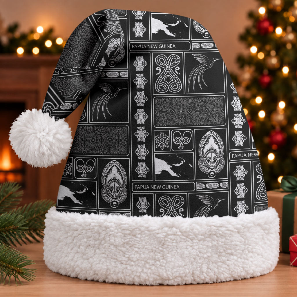 Papua New Guinea Heritage Motif Christmas Santa Hat Black Version LT05 With Fur Black - Polynesian Pride