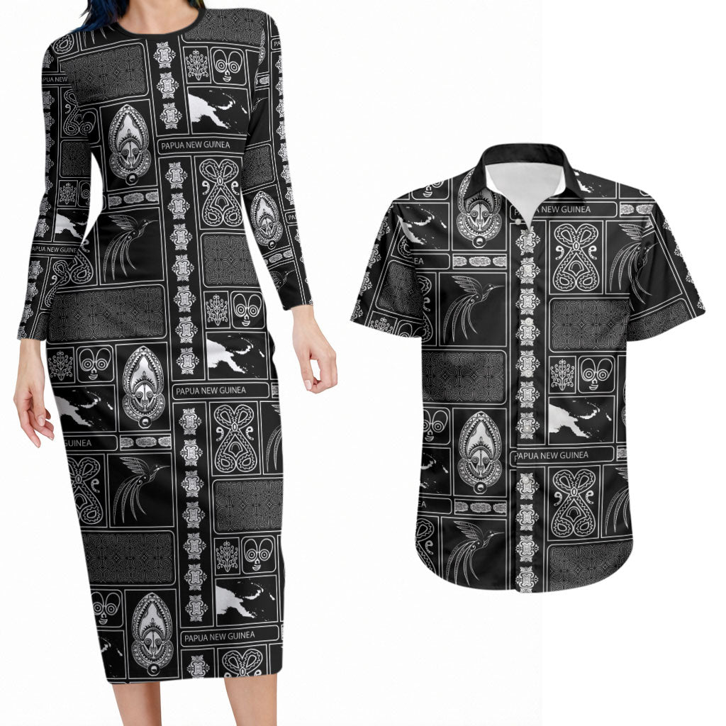 Papua New Guinea Heritage Motif Couples Matching Long Sleeve Bodycon Dress and Hawaiian Shirt Black Version