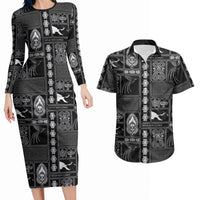 Papua New Guinea Heritage Motif Couples Matching Long Sleeve Bodycon Dress and Hawaiian Shirt Black Version LT05 Black - Polynesian Pride