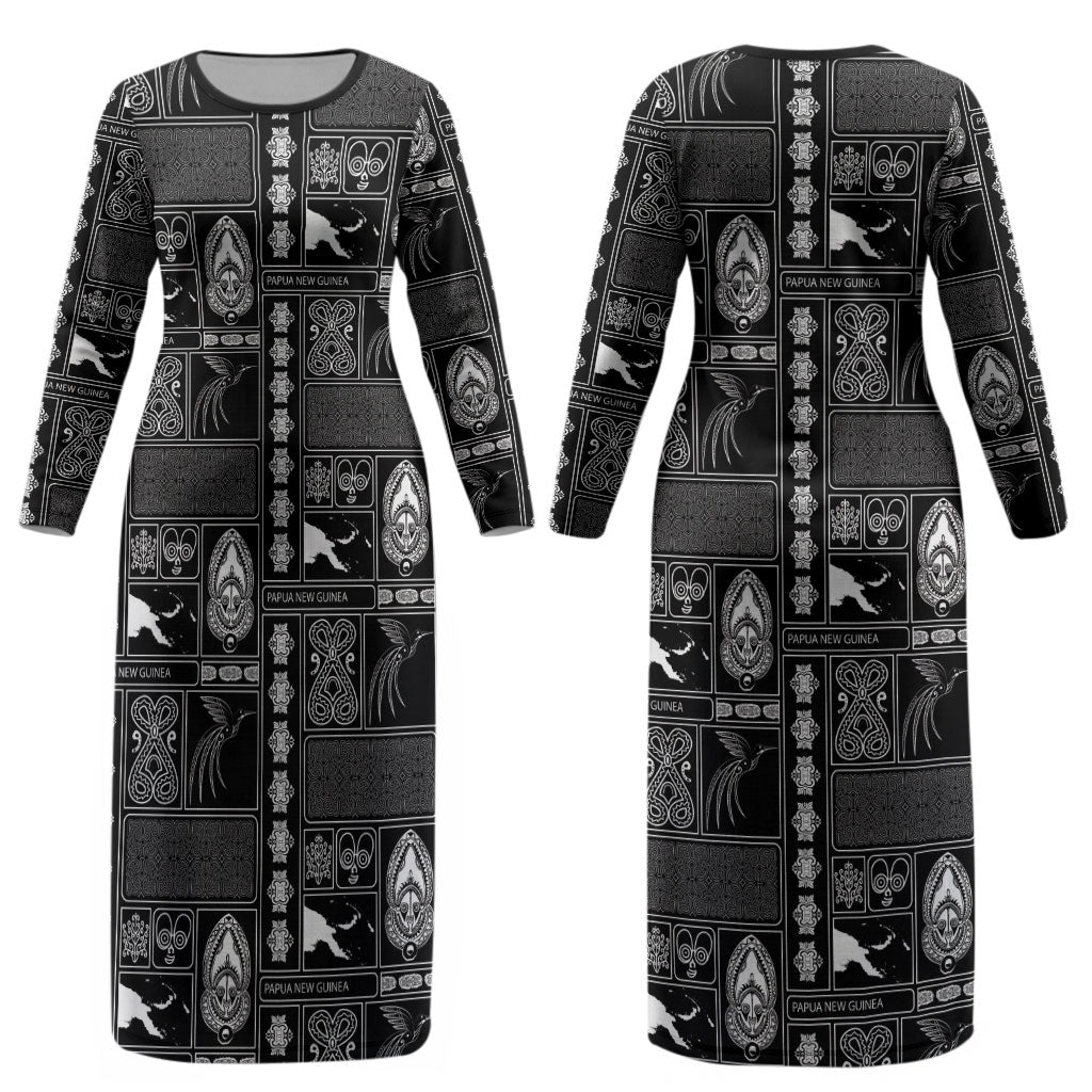 Papua New Guinea Heritage Motif Couples Matching Long Sleeve Bodycon Dress and Hawaiian Shirt Black Version LT05 - Polynesian Pride