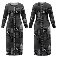 Papua New Guinea Heritage Motif Couples Matching Long Sleeve Bodycon Dress and Hawaiian Shirt Black Version LT05 - Polynesian Pride
