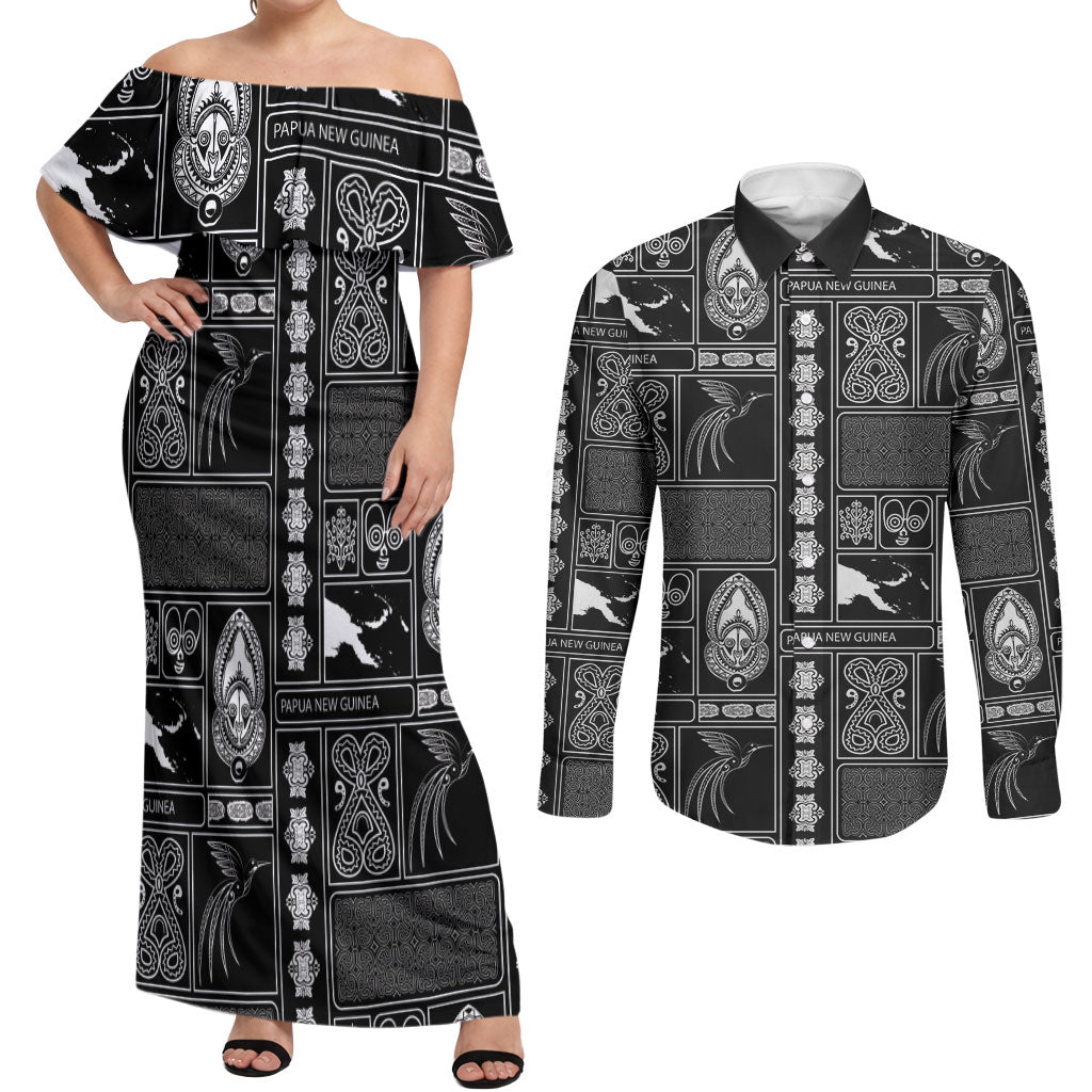 Papua New Guinea Heritage Motif Couples Matching Off Shoulder Maxi Dress and Long Sleeve Button Shirt Black Version