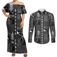Papua New Guinea Heritage Motif Couples Matching Off Shoulder Maxi Dress and Long Sleeve Button Shirt Black Version LT05 Black - Polynesian Pride