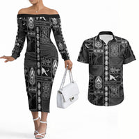 Papua New Guinea Heritage Motif Couples Matching Off The Shoulder Long Sleeve Dress and Hawaiian Shirt Black Version LT05 Black - Polynesian Pride
