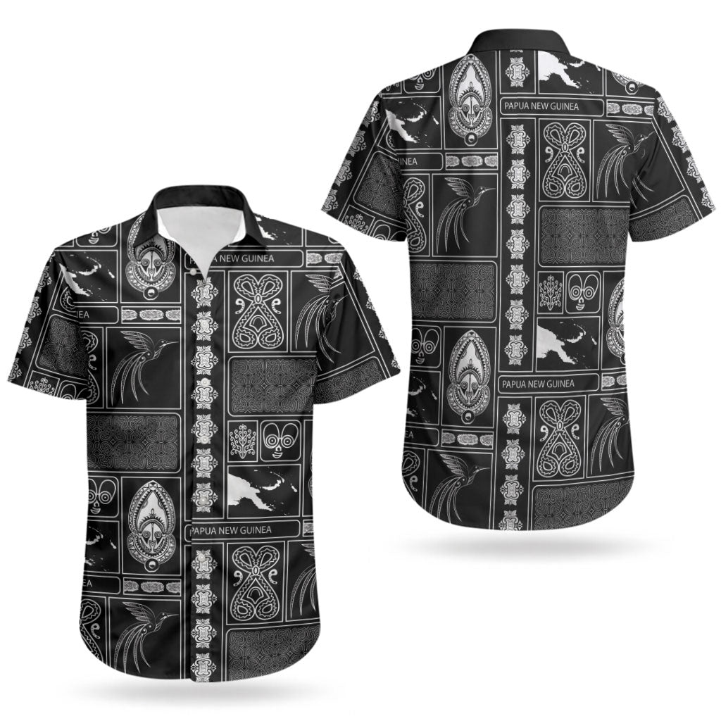 Papua New Guinea Heritage Motif Couples Matching Off The Shoulder Long Sleeve Dress and Hawaiian Shirt Black Version LT05 - Polynesian Pride