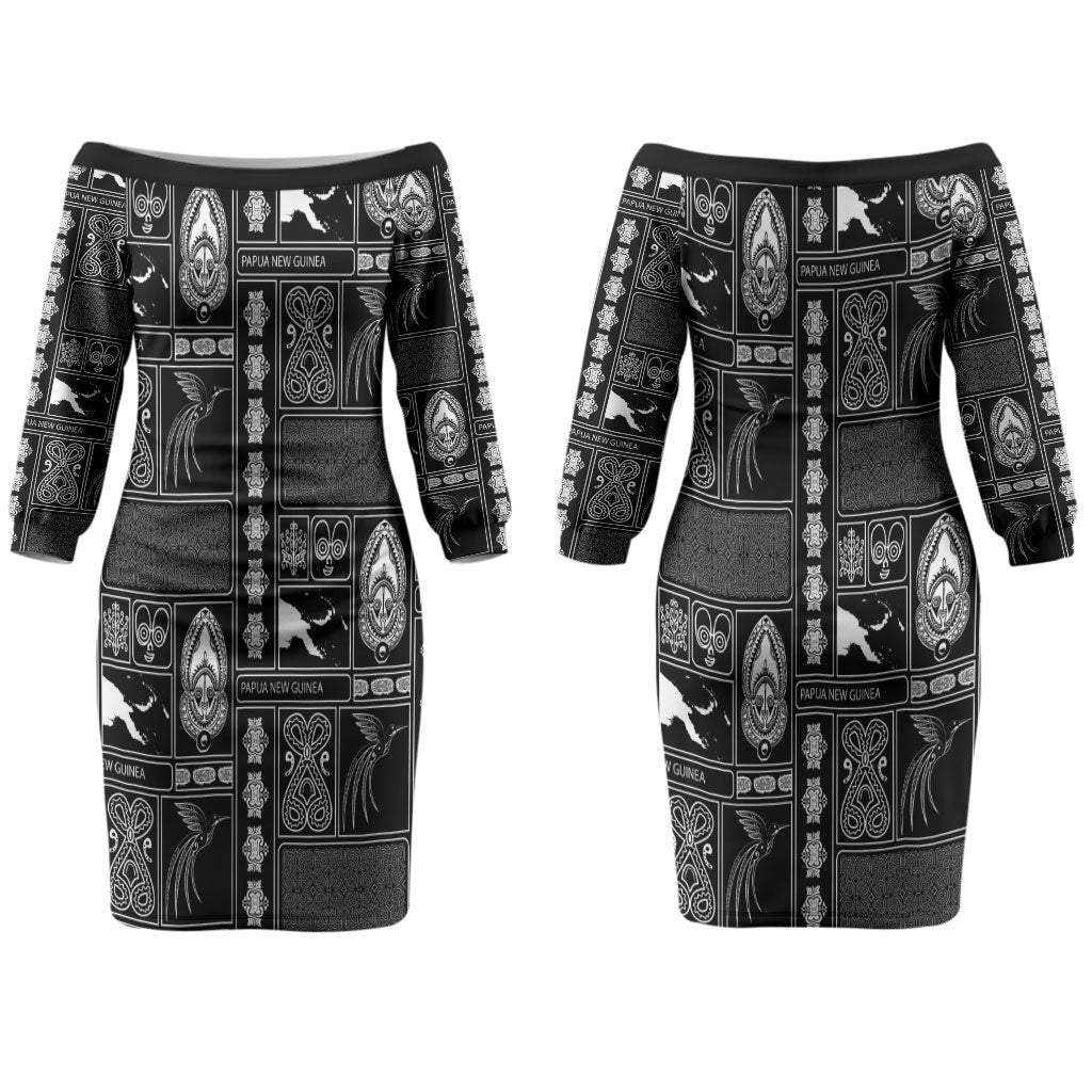 Papua New Guinea Heritage Motif Couples Matching Off The Shoulder Long Sleeve Dress and Hawaiian Shirt Black Version LT05 - Polynesian Pride