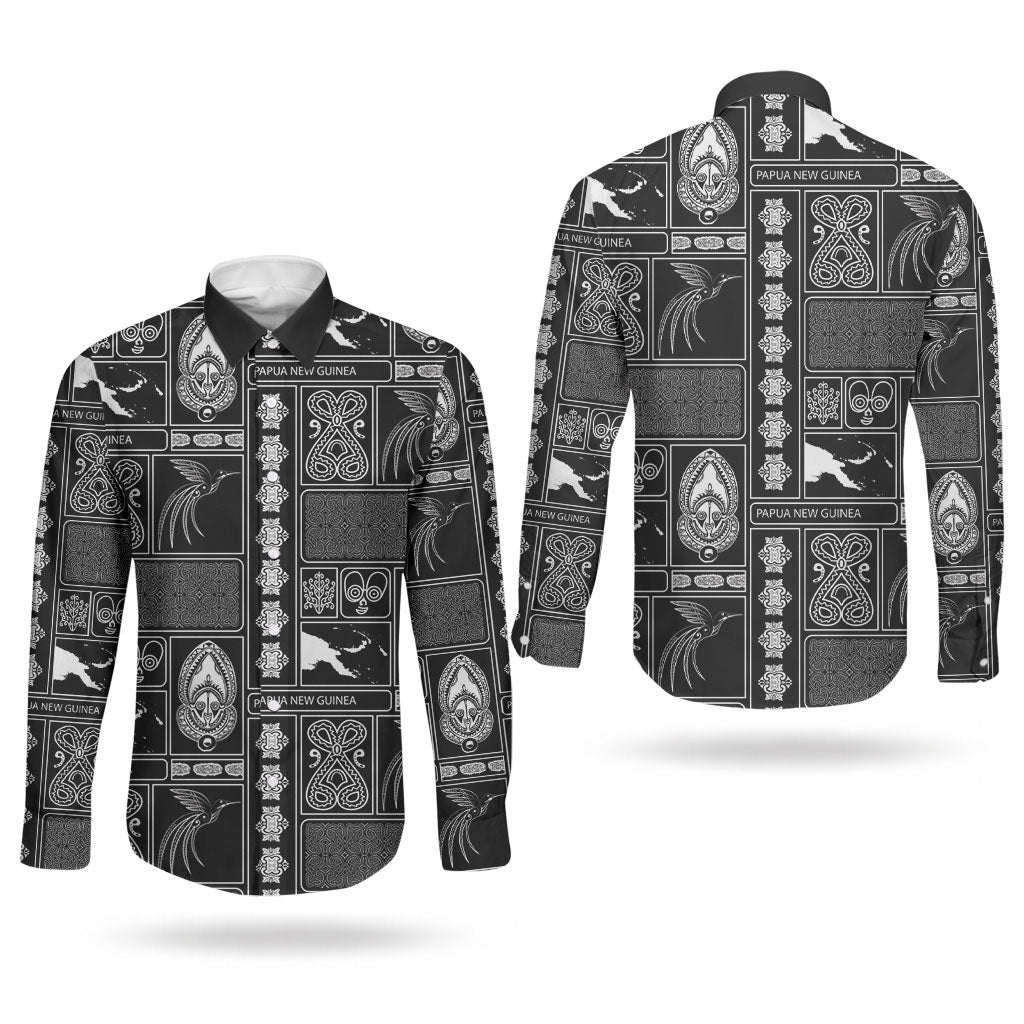 Papua New Guinea Heritage Motif Couples Matching Puletasi and Long Sleeve Button Shirt Black Version LT05 - Polynesian Pride