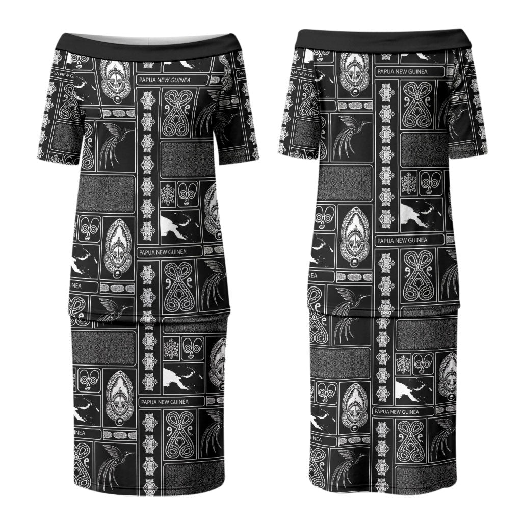Papua New Guinea Heritage Motif Couples Matching Puletasi and Long Sleeve Button Shirt Black Version LT05 - Polynesian Pride