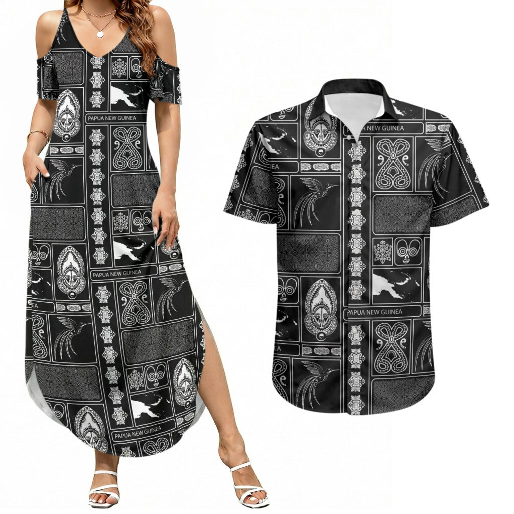 Papua New Guinea Heritage Motif Couples Matching Summer Maxi Dress and Hawaiian Shirt Black Version