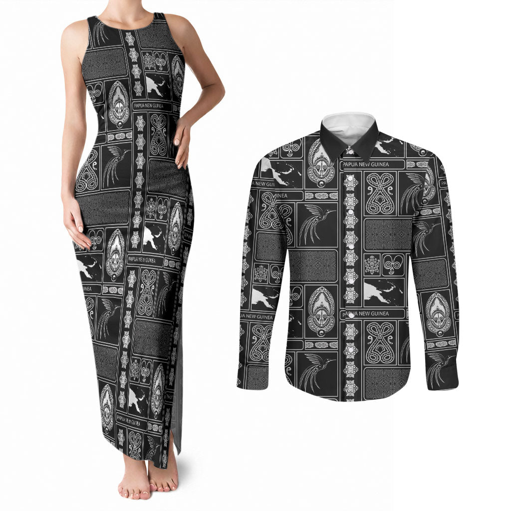 Papua New Guinea Heritage Motif Couples Matching Tank Maxi Dress and Long Sleeve Button Shirt Black Version