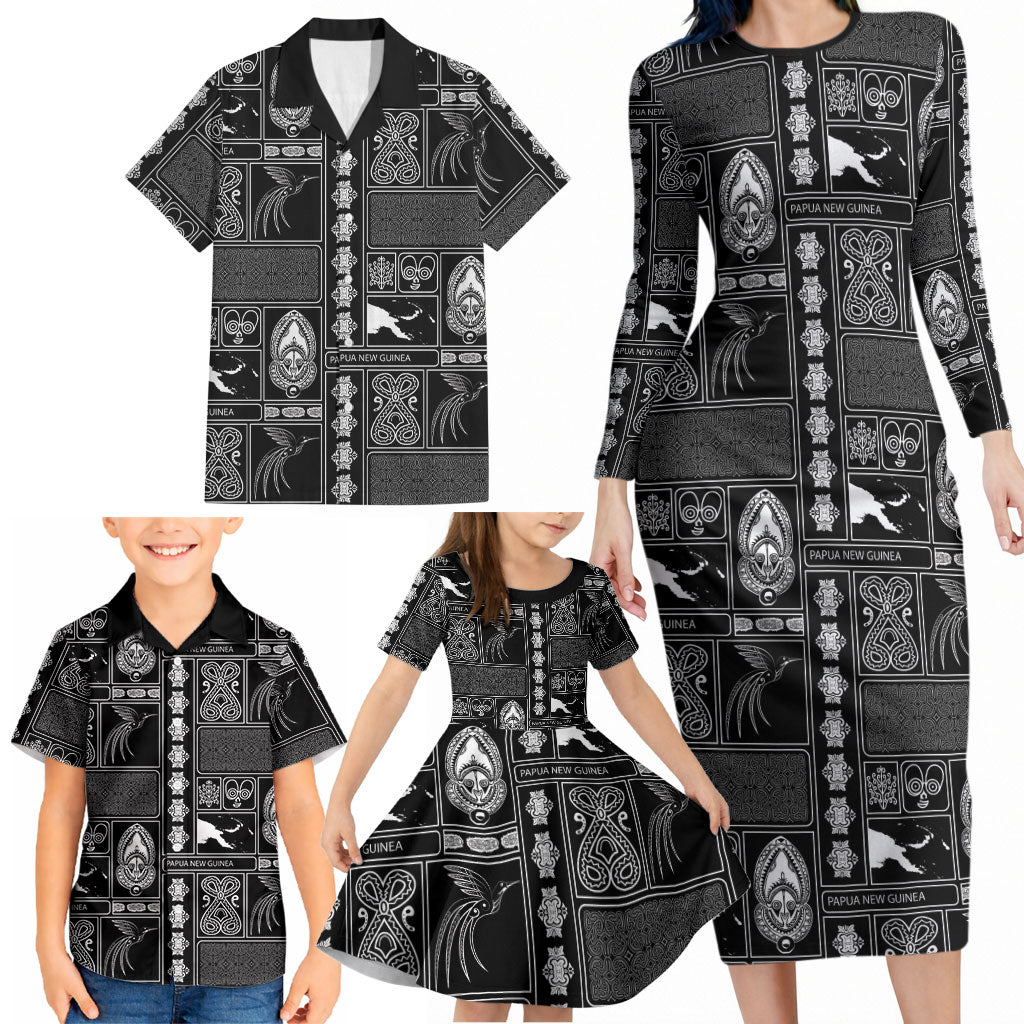 Papua New Guinea Heritage Motif Family Matching Long Sleeve Bodycon Dress and Hawaiian Shirt Black Version LT05 - Polynesian Pride