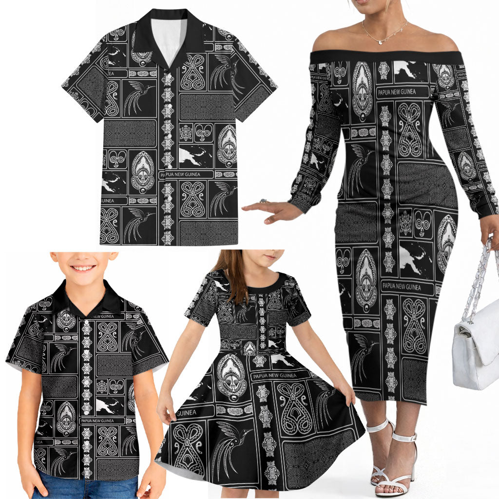 Papua New Guinea Heritage Motif Family Matching Off The Shoulder Long Sleeve Dress and Hawaiian Shirt Black Version LT05 - Polynesian Pride