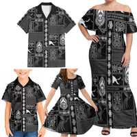 Papua New Guinea Heritage Motif Family Matching Off Shoulder Maxi Dress and Hawaiian Shirt Black Version LT05 - Polynesian Pride