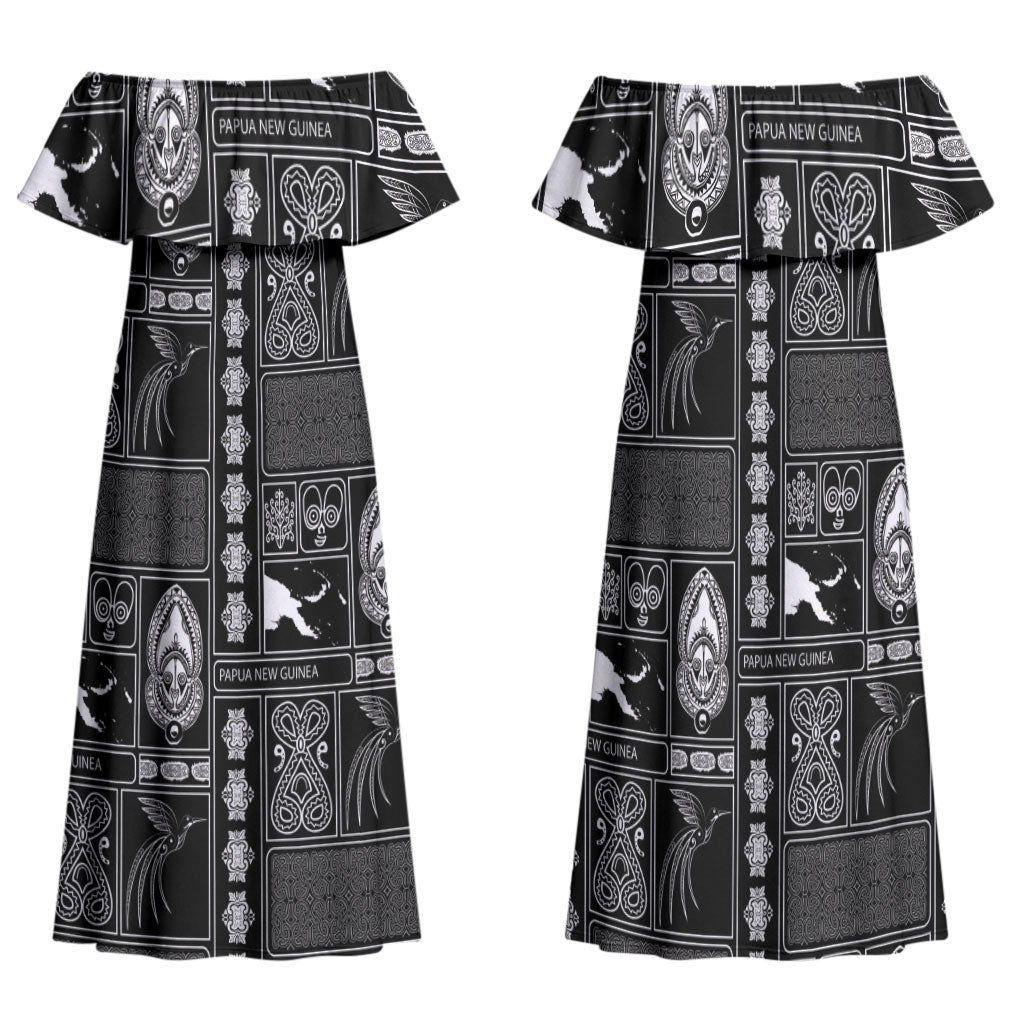 Papua New Guinea Heritage Motif Family Matching Off Shoulder Maxi Dress and Hawaiian Shirt Black Version LT05 Mom's Dress Black - Polynesian Pride