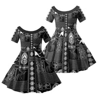 Papua New Guinea Heritage Motif Family Matching Off Shoulder Maxi Dress and Hawaiian Shirt Black Version LT05 Daughter's Dress Black - Polynesian Pride