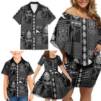 Papua New Guinea Heritage Motif Family Matching Off Shoulder Short Dress and Hawaiian Shirt Black Version LT05 - Polynesian Pride