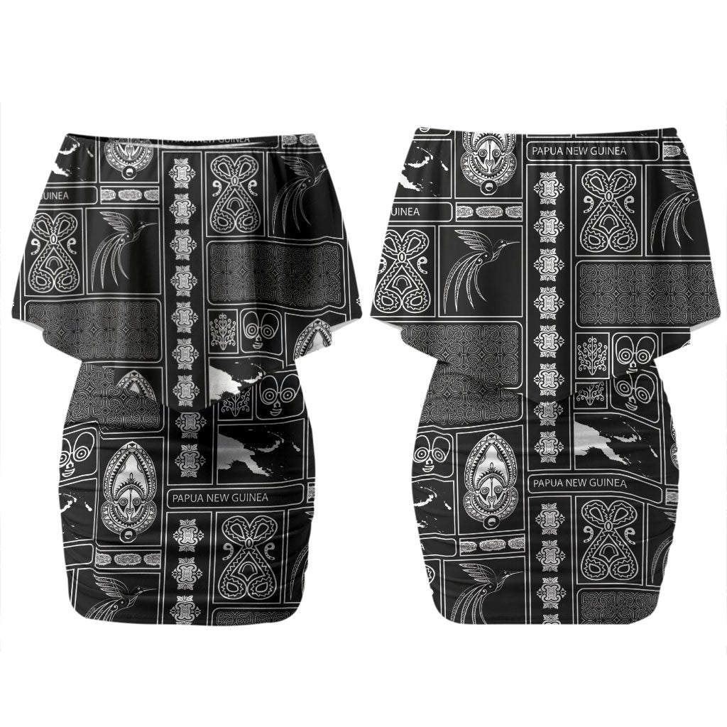 Papua New Guinea Heritage Motif Family Matching Off Shoulder Short Dress and Hawaiian Shirt Black Version LT05 Mom's Dress Black - Polynesian Pride