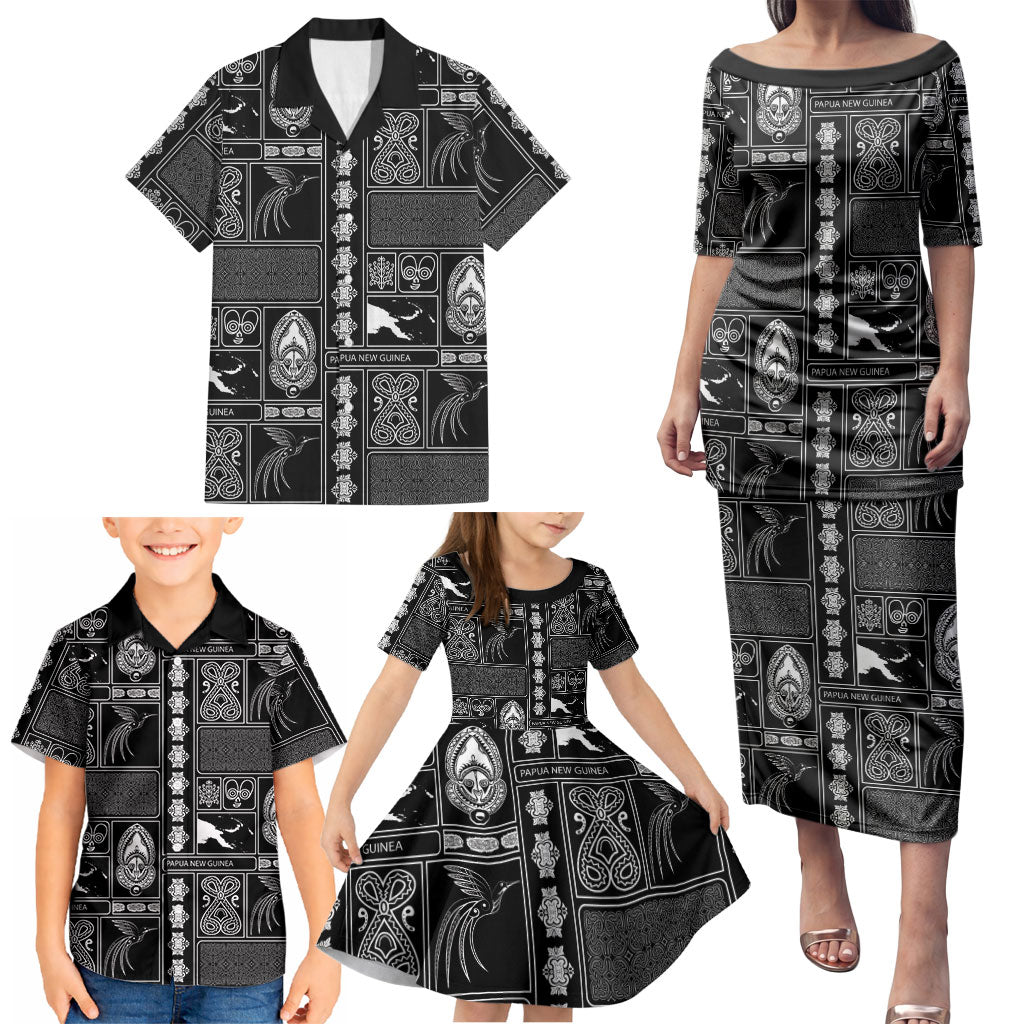 Papua New Guinea Heritage Motif Family Matching Puletasi and Hawaiian Shirt Black Version LT05 - Polynesian Pride