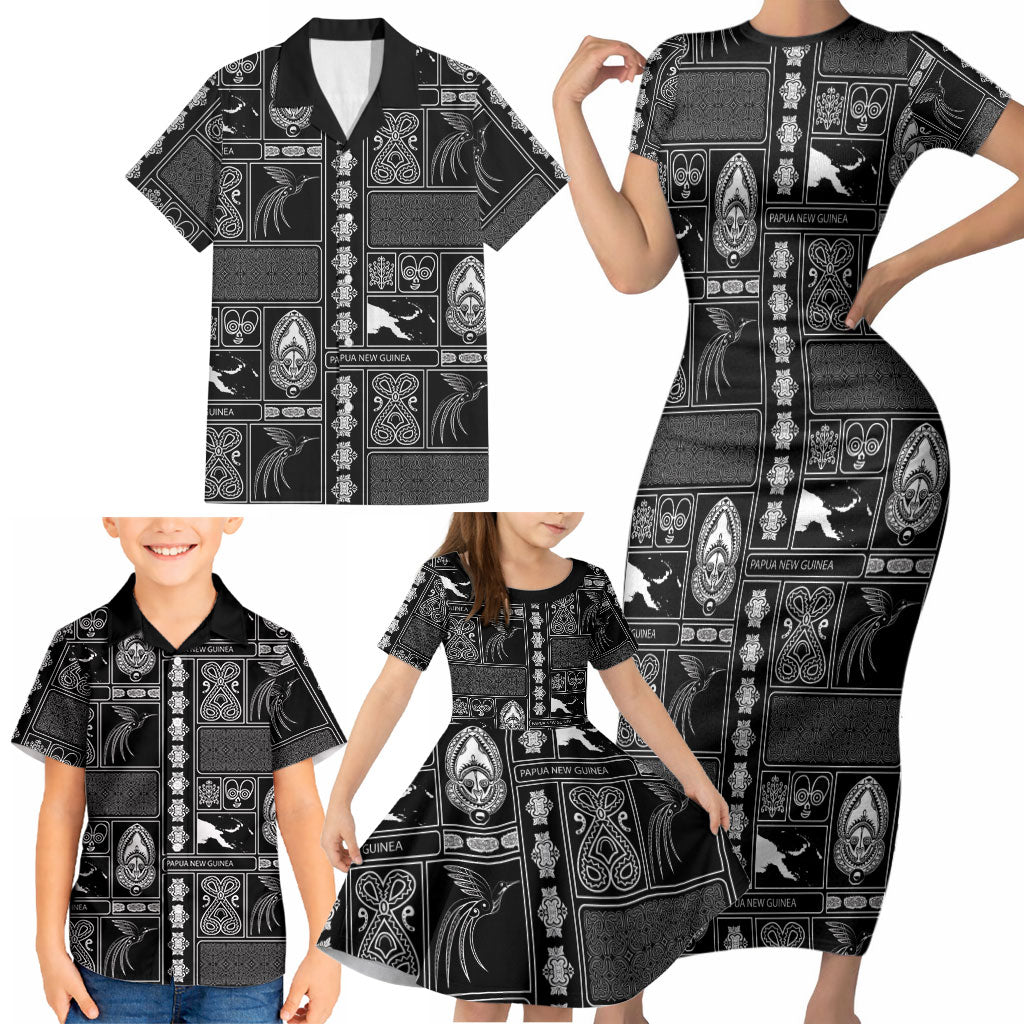 Papua New Guinea Heritage Motif Family Matching Short Sleeve Bodycon Dress and Hawaiian Shirt Black Version LT05 - Polynesian Pride