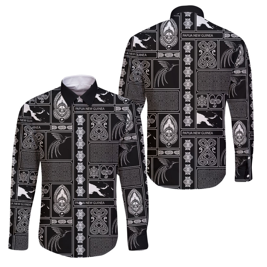 Papua New Guinea Heritage Motif Family Matching Tank Maxi Dress and Hawaiian Shirt Black Version LT05 Dad's Shirt - Long Sleeve Black - Polynesian Pride
