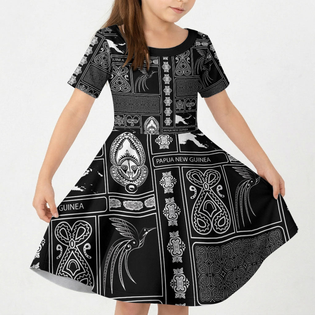 Papua New Guinea Heritage Motif Kid Short Sleeve Dress Black Version LT05 KID Black - Polynesian Pride