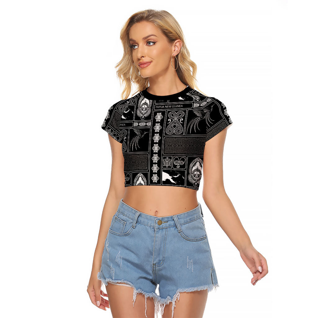 Papua New Guinea Heritage Motif Raglan Cropped T Shirt Black Version LT05 Female Black - Polynesian Pride