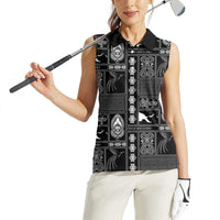 Papua New Guinea Heritage Motif Women Sleeveless Polo Shirt Black Version LT05 - Polynesian Pride