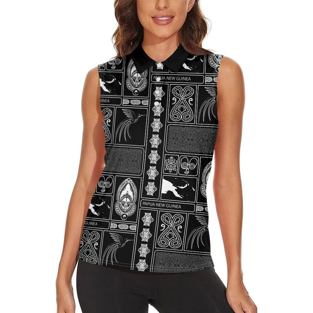 Papua New Guinea Heritage Motif Women Sleeveless Polo Shirt Black Version LT05 - Polynesian Pride