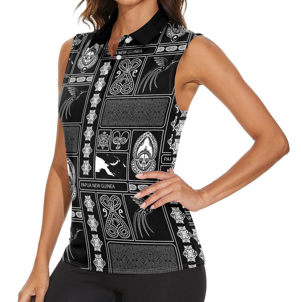 Papua New Guinea Heritage Motif Women Sleeveless Polo Shirt Black Version LT05 - Polynesian Pride