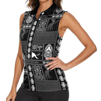 Papua New Guinea Heritage Motif Women Sleeveless Polo Shirt Black Version LT05 - Polynesian Pride